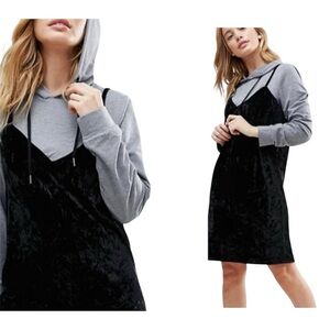 NWOT • Velvet Hooded Dress in Black/Gray